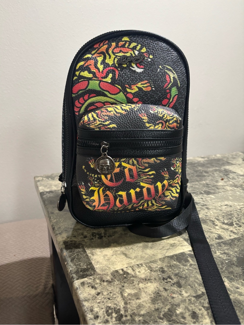 Ed Hardy Black  Bag with Red, Yellow & Green Flame Graphic